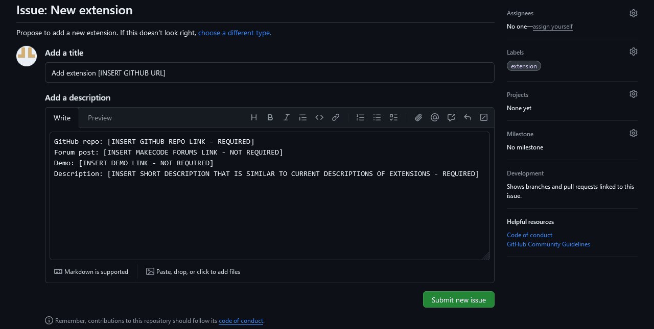 A picture of the issue submission form to the Awesome Arcade GitHub repository using the new extension issue template, unmodified.