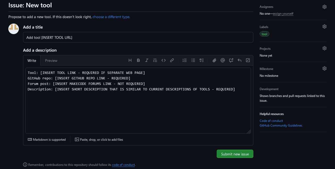 A picture of the issue submission form to the Awesome Arcade GitHub repository using the new tool issue template, unmodified.